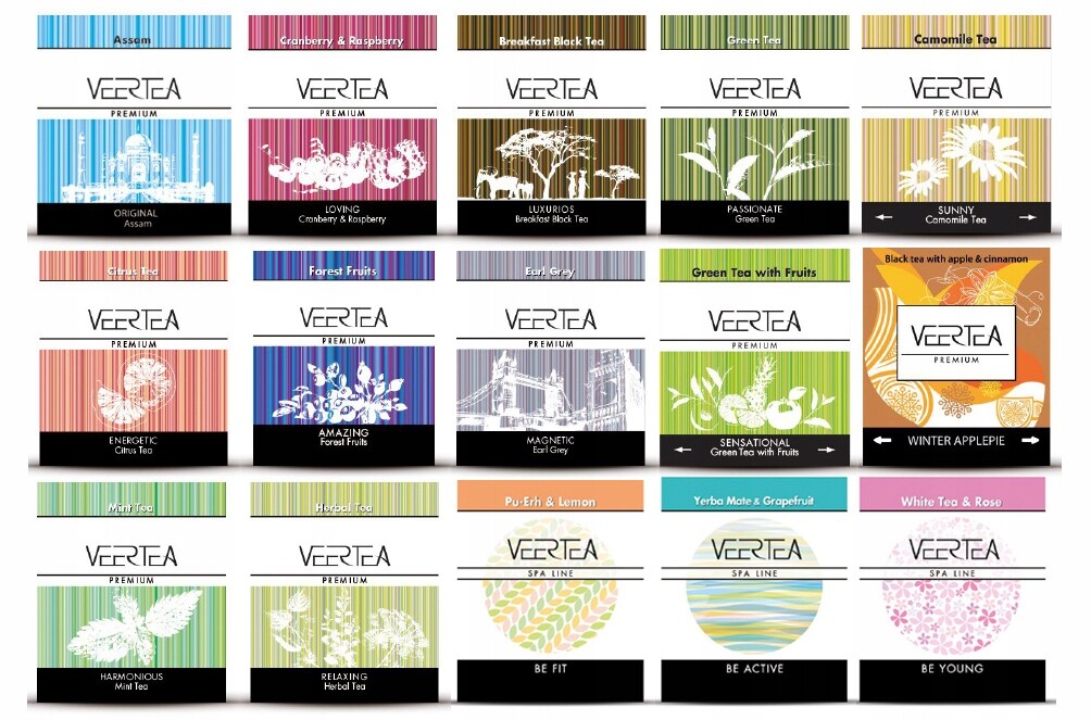 Čaj Veertea – sada 128 sáčků s 16 příchutěmi, 8 sáčků s každou příchutí