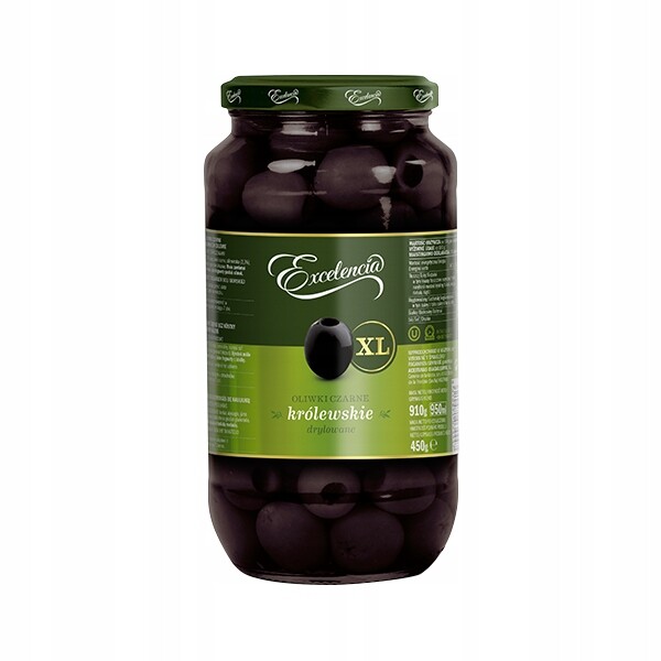 Černé olivy královské drilované olivy Excelencia XL 910 g