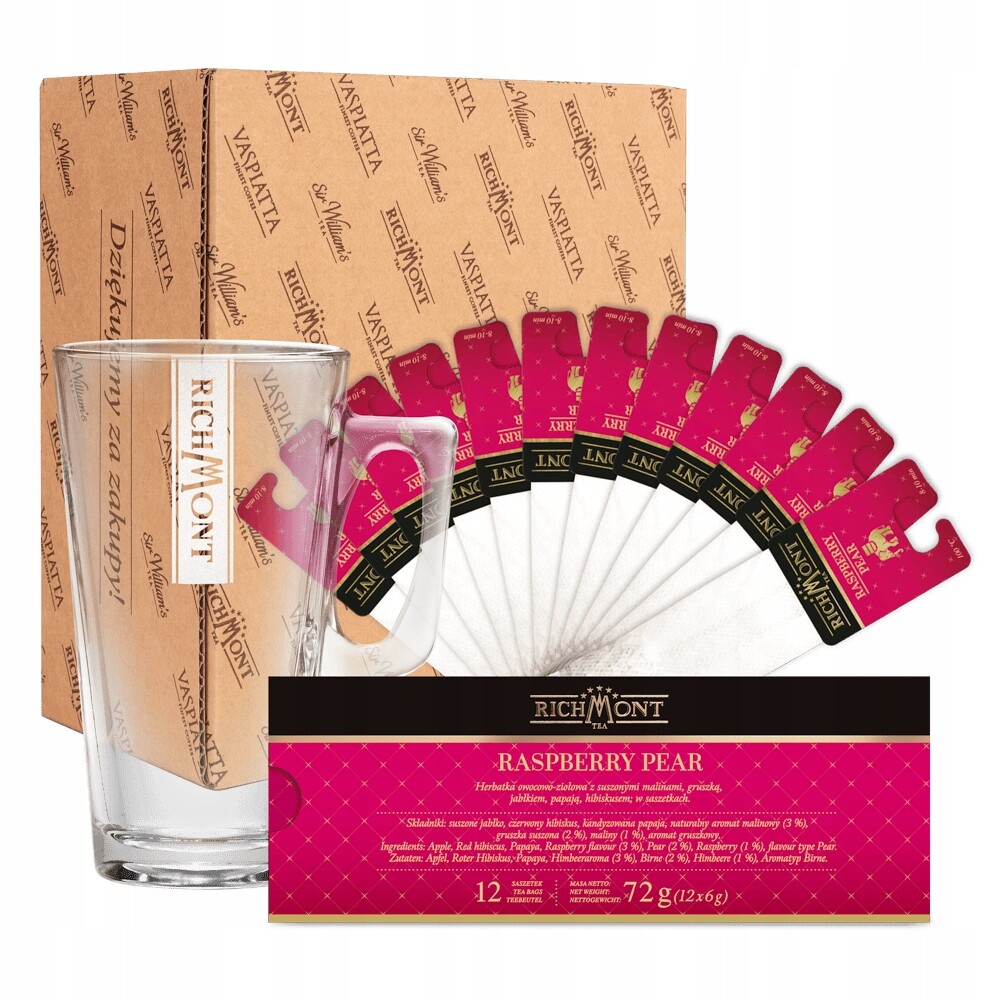 Čaj Richmont s malinou a hruškou 12 čajových sáčků sklenice Richmont Hot