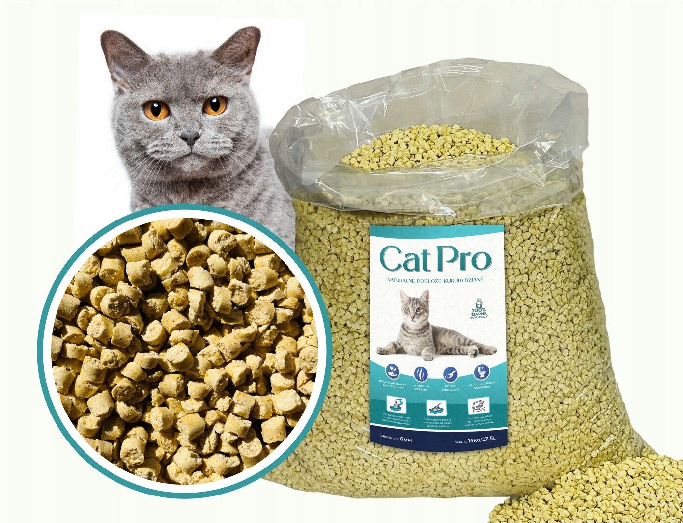 Stelivo 6 mm s přírodním hrudkováním pro kočky CatPro 15 kg/22,5 l