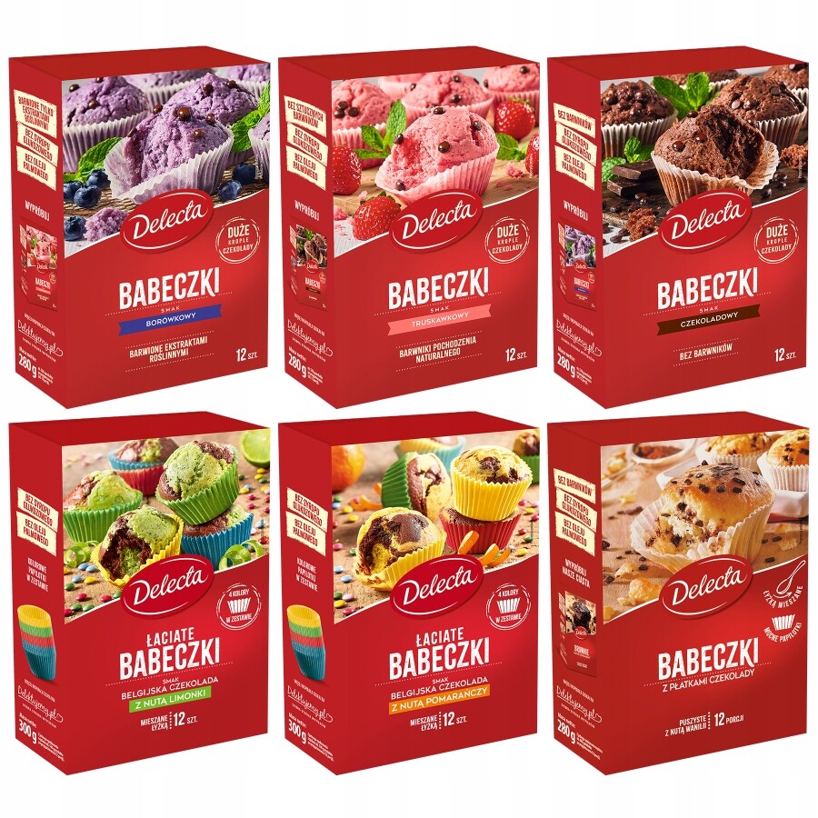Čokoládové muffiny s ovocem, mix 6 příchutí Delecta 280g/300g s papírovými