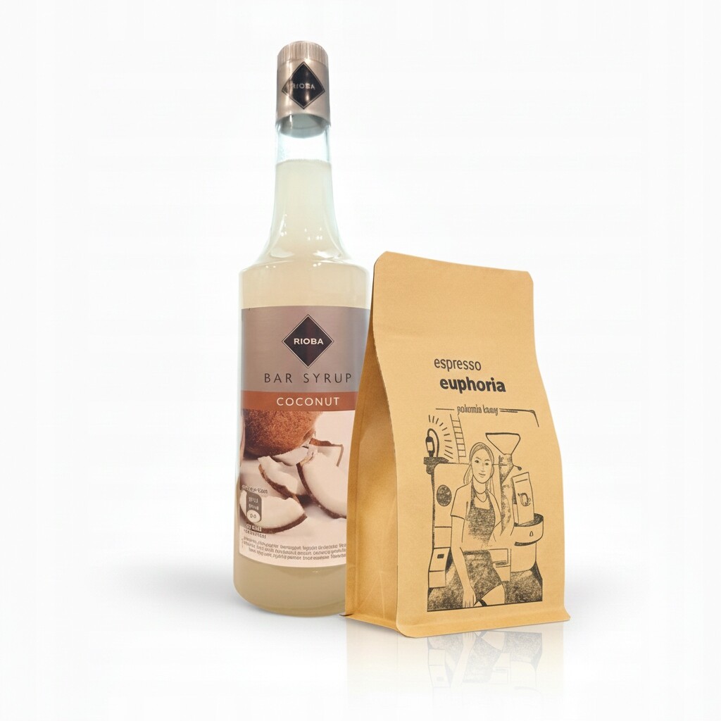 Sirup Rioba Kokos 700 ml Káva zrno Espresso Euphoria Brazílie Santos 500 g
