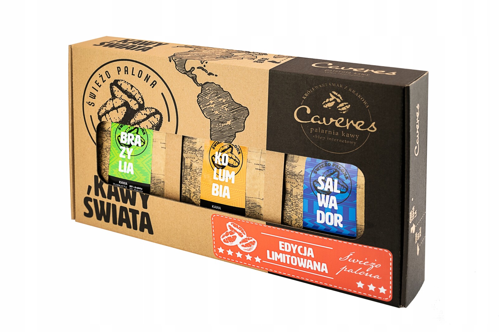 Sada zrnkové kávy Caveres Brazílie 250 g Kolumbie 250 g Salvador 250 g