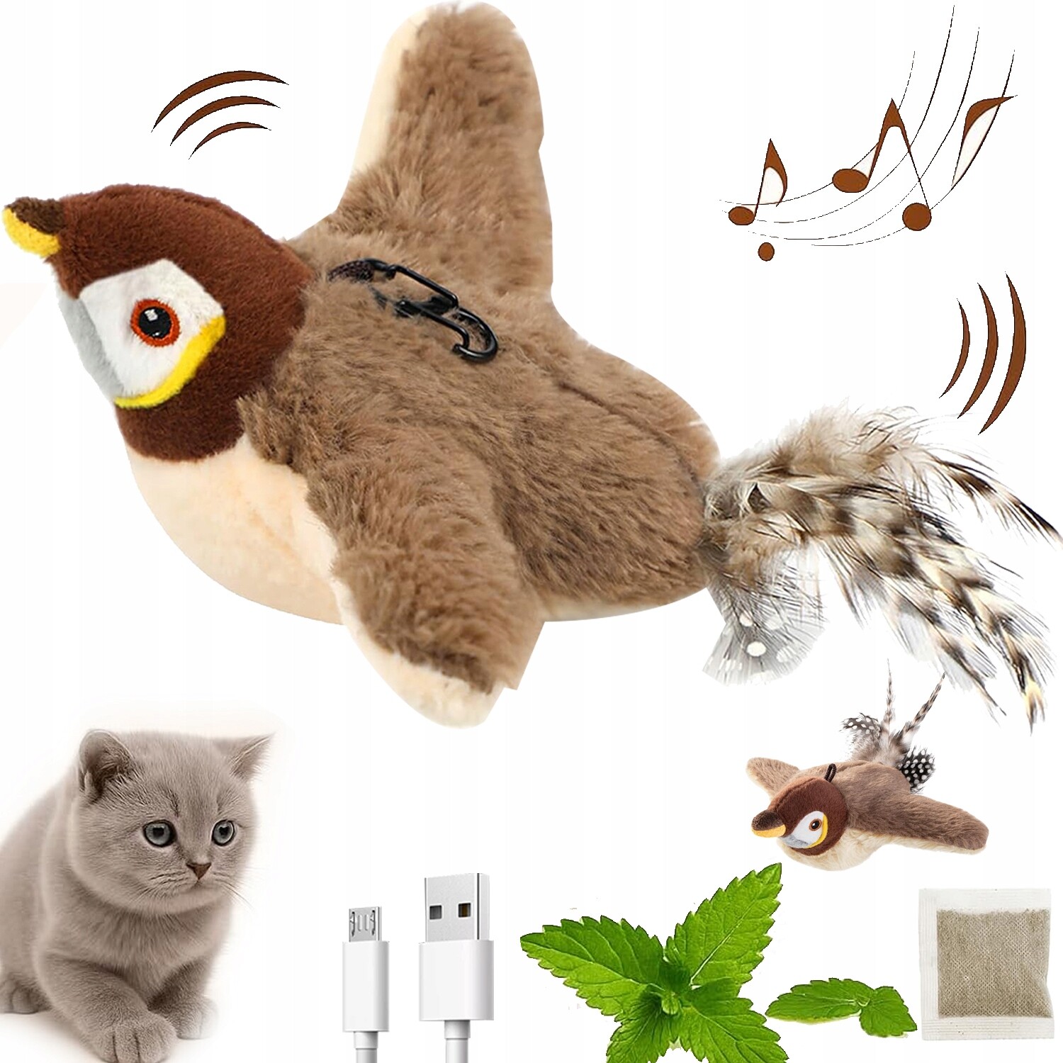 Hračka pro kočky interaktivní plyšový ptáček pohyb ptačí zvuky koťátka