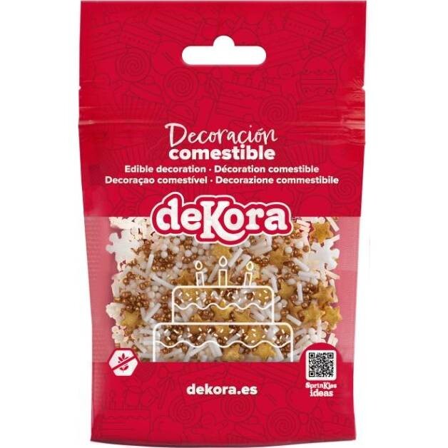 Cukrové zdobení hvězdy a sněhové vločky - bílozlaté 100g - Dekora