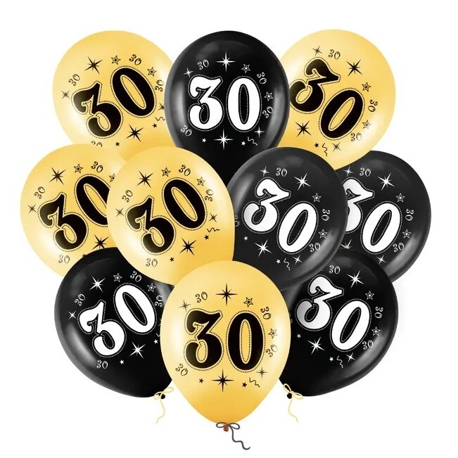 Balónky latexové 30. narozeniny černo-zlaté 30cm 10ks