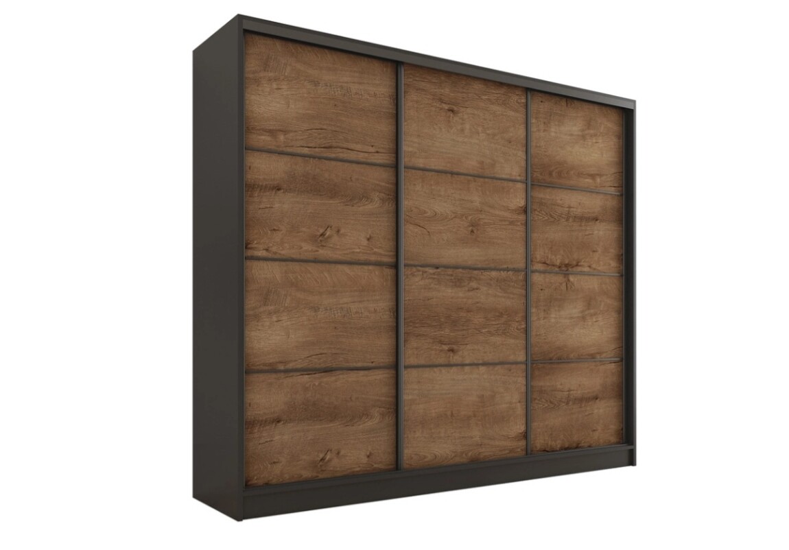 Šatní skříň HARAZIA 200 bez zrcadla, černý mat/dub lefkas - II. jakost, POUZE OSOBNÍ ODBĚR