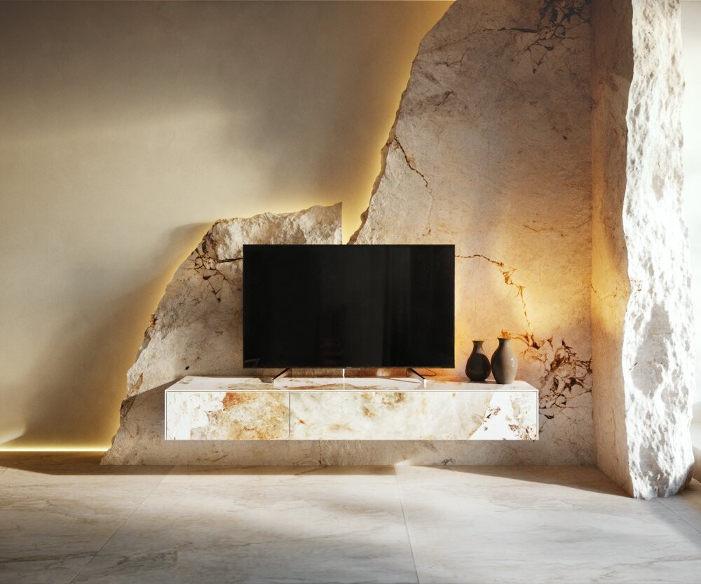 TV stolek Cuor 150 cm keramika Minas Melange bílá béžová 1 výklopná