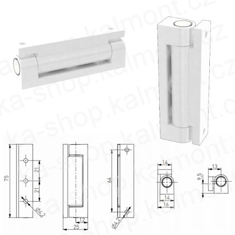 Pant na plastové okno a dveře, excentrický, bílý, 75 x 14 mm, hladká mont. plocha, nosnost 40kg/2ks pantů, fiberglass Roto