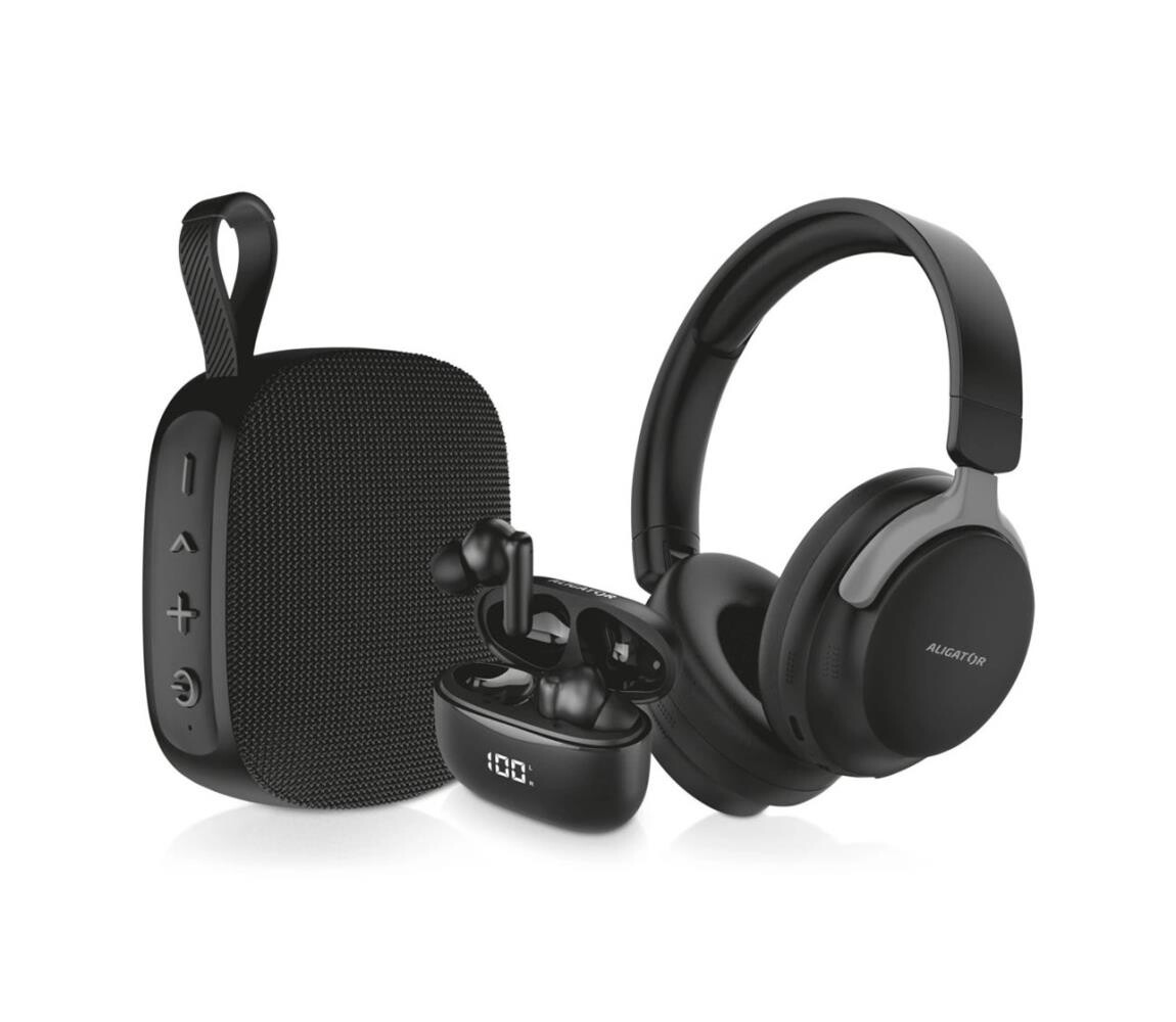 Aligator AUC001 - AUDIO COMBO 3v1: sluchátka přes hlavu, sluchátka a reproduktor AUC001
