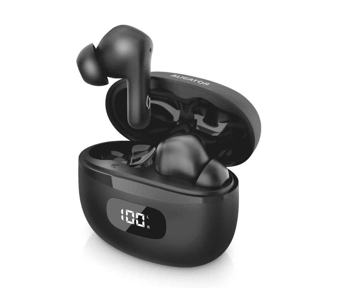 Aligator TWS08BK - Bezdrátová sluchátka s ANC 200 mAh + 2x 30 mAh IP40 černá TWS08BK