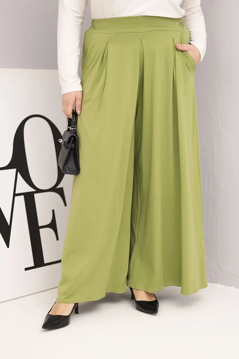 Kesi Włoski Dámské bavlněné kalhoty Plus Size s širokým střihem a volným střihem pistáciové