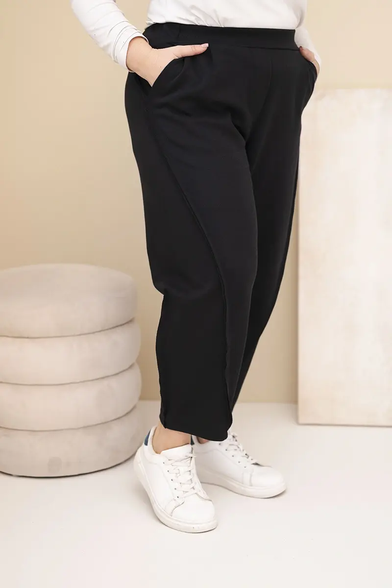 Kesi Włoski Dámské bavlněné kalhoty Plus Size volného střihu s vysokým pasem černé