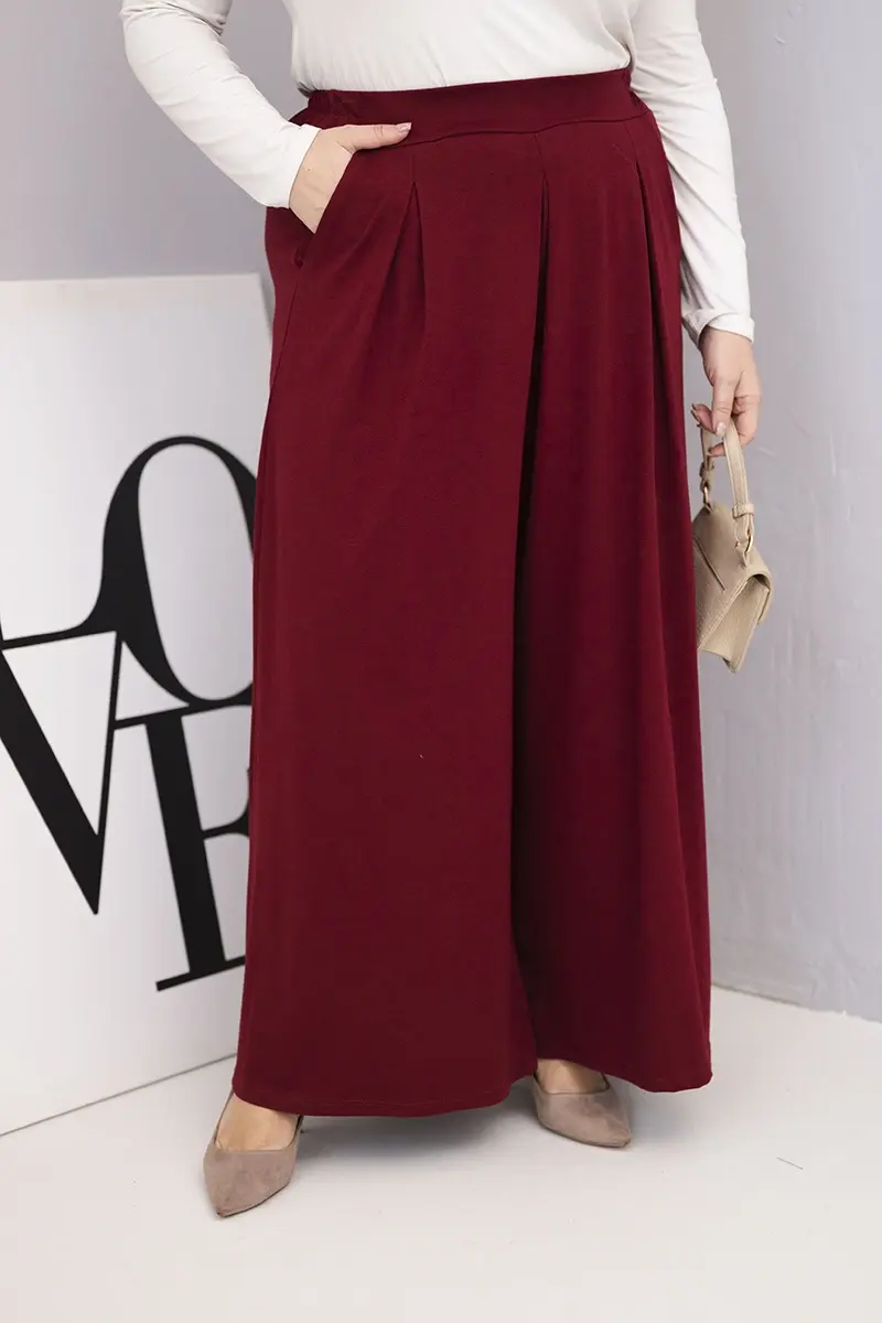 Kesi Włoski Dámské bavlněné kalhoty Plus Size s širokými nohavicemi a volným střihem bordové