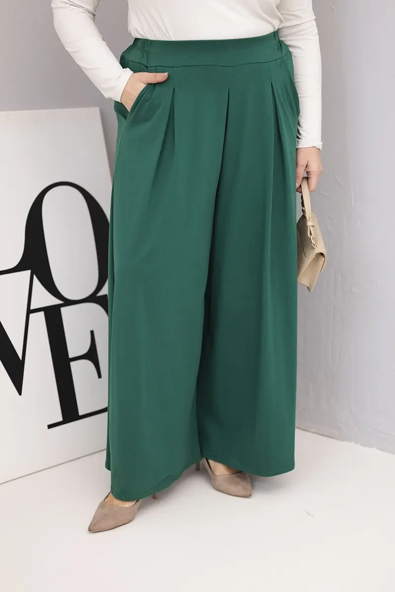 Kesi Włoski Dámské bavlněné kalhoty Plus Size s širokými nohavicemi a volným střihem tmavě zelené