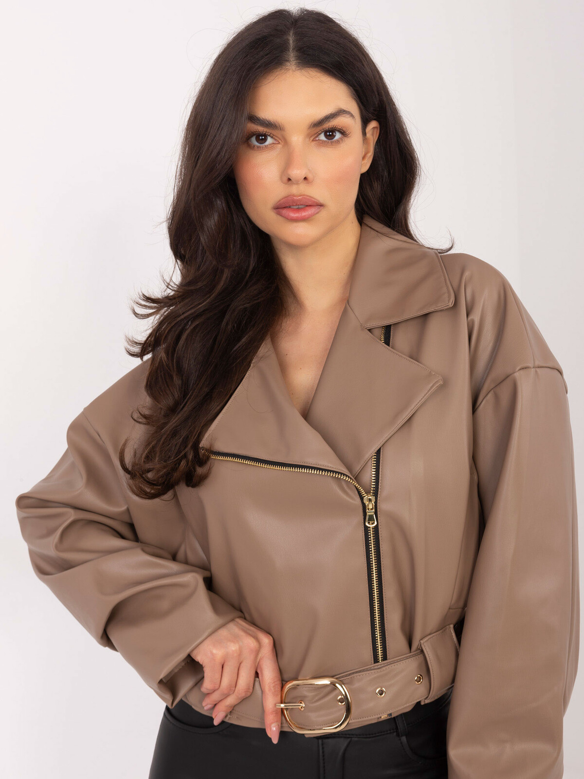Dámská kožená bunda v tmavě béžové barvě