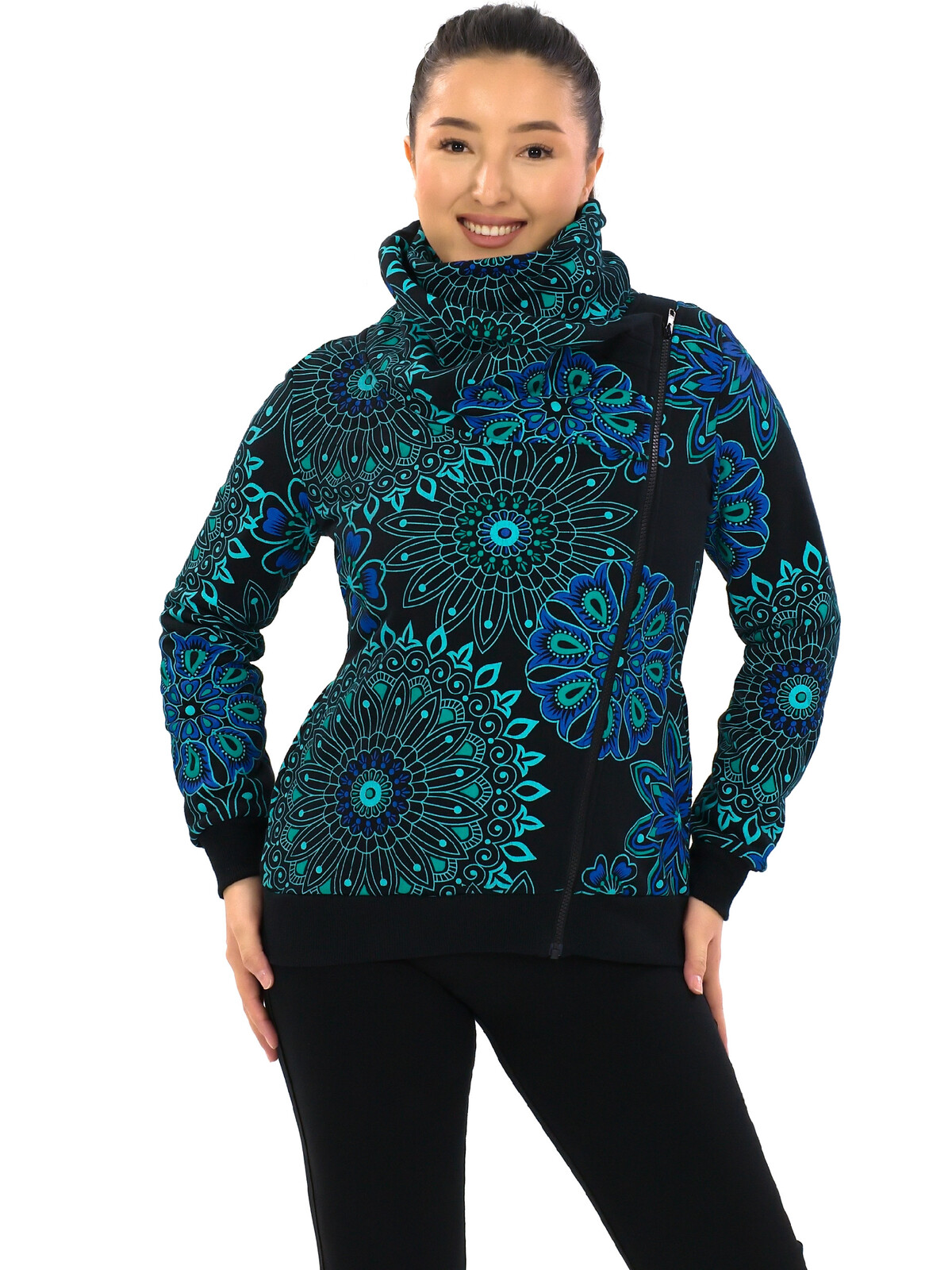 Himalife Hřejivá mikina na zip s maxi límcem Sari - černá s tyrkysovou a modrou Velikost: S