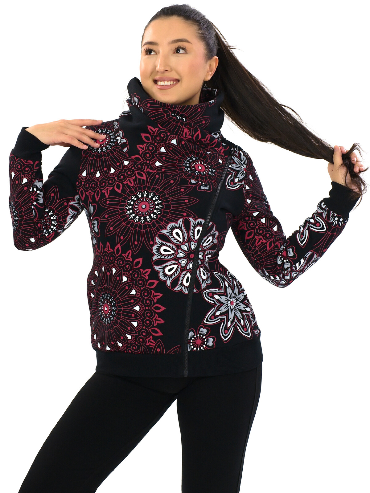 Himalife Hřejivá mikina na zip s maxi límcem Sari - černá s červenou Velikost: S