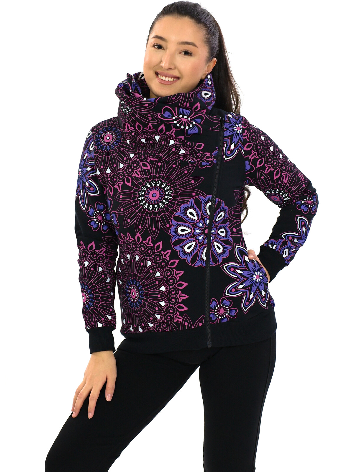 Himalife Hřejivá mikina na zip s maxi límcem Sari - černá s růžovou a fialovou Velikost: S