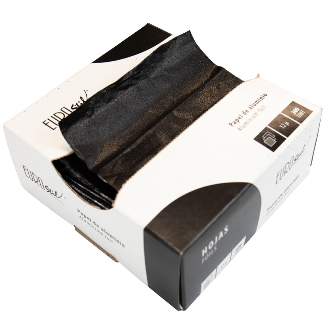 Eurostil 09347 Alu Foils Strips Black - strukturovaný předřezaný alobal, 12 mikro, černý, 27x12cm, 300 ks/bal