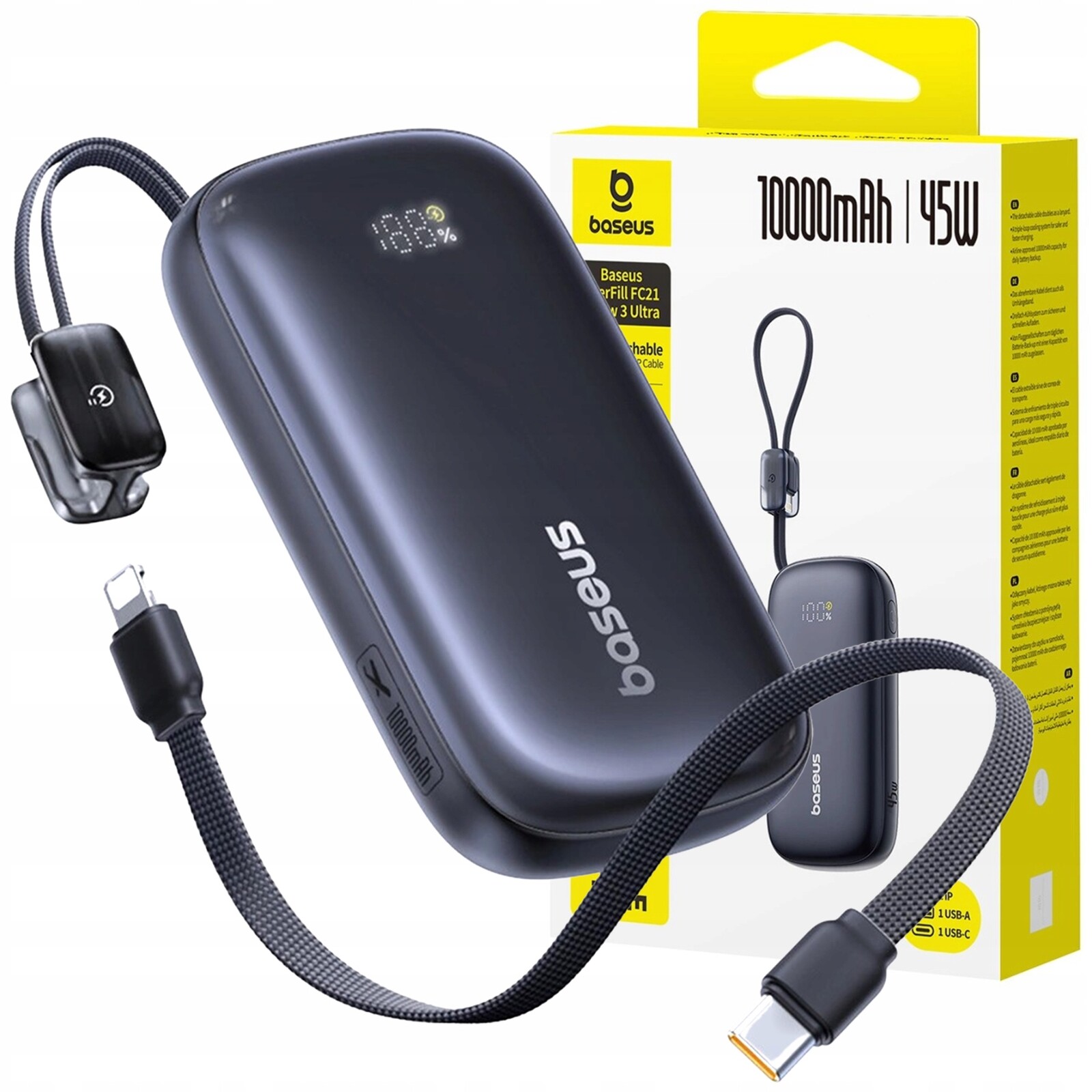 Power Banka Baseus 10000 mAh 45W Usb Typ C Usb-a Odnímatelný Kabel Lightning