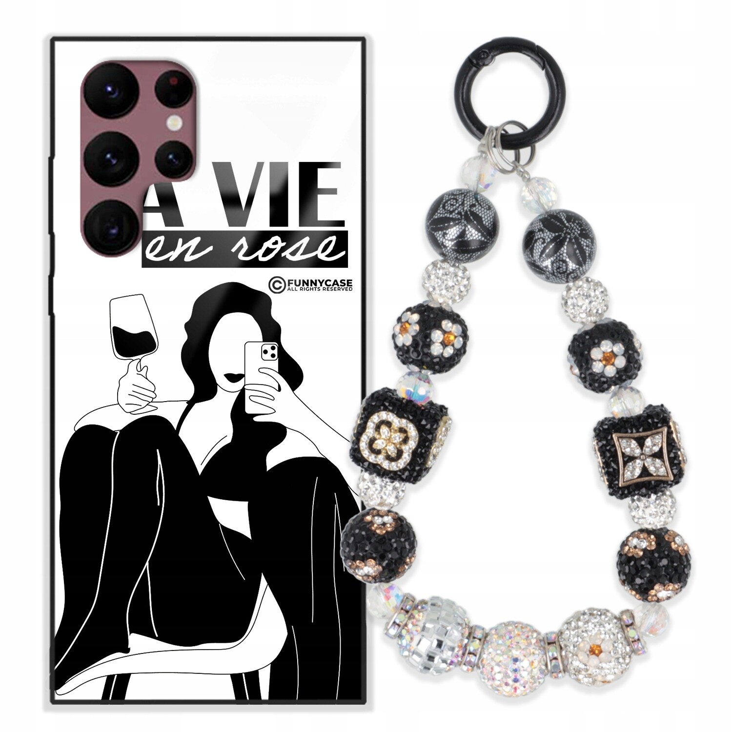 Pouzdro Pro Samsung S22 Ultra Glass Art Černobílý Zirkony Na Klíče S Přívěsek Na Klíče Wz