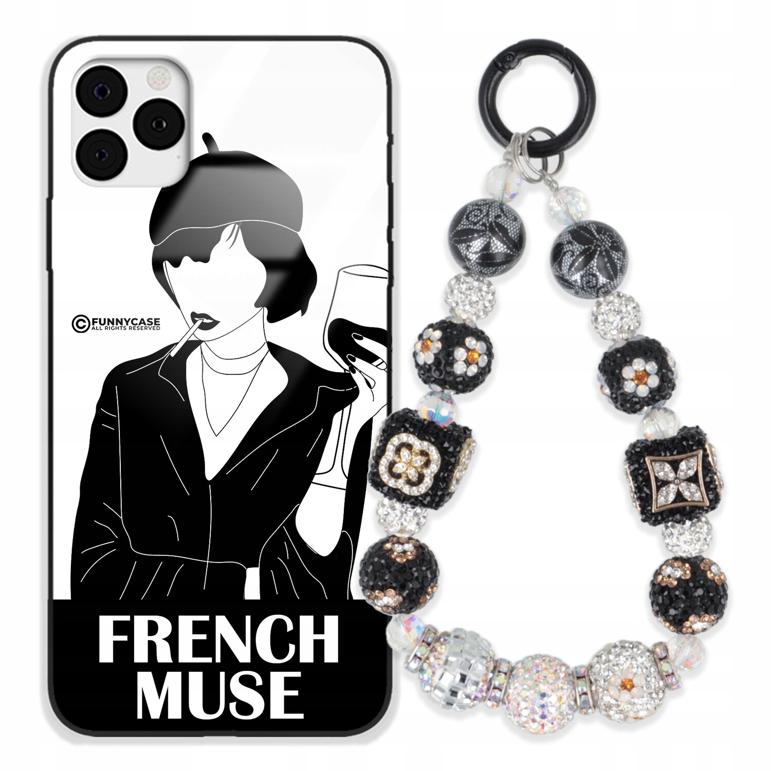 Dámský skleněný Pouzdro na iPhone 11 Pro, černý a bílý, Přívěsek Na Klíče , Zirkony zlatý