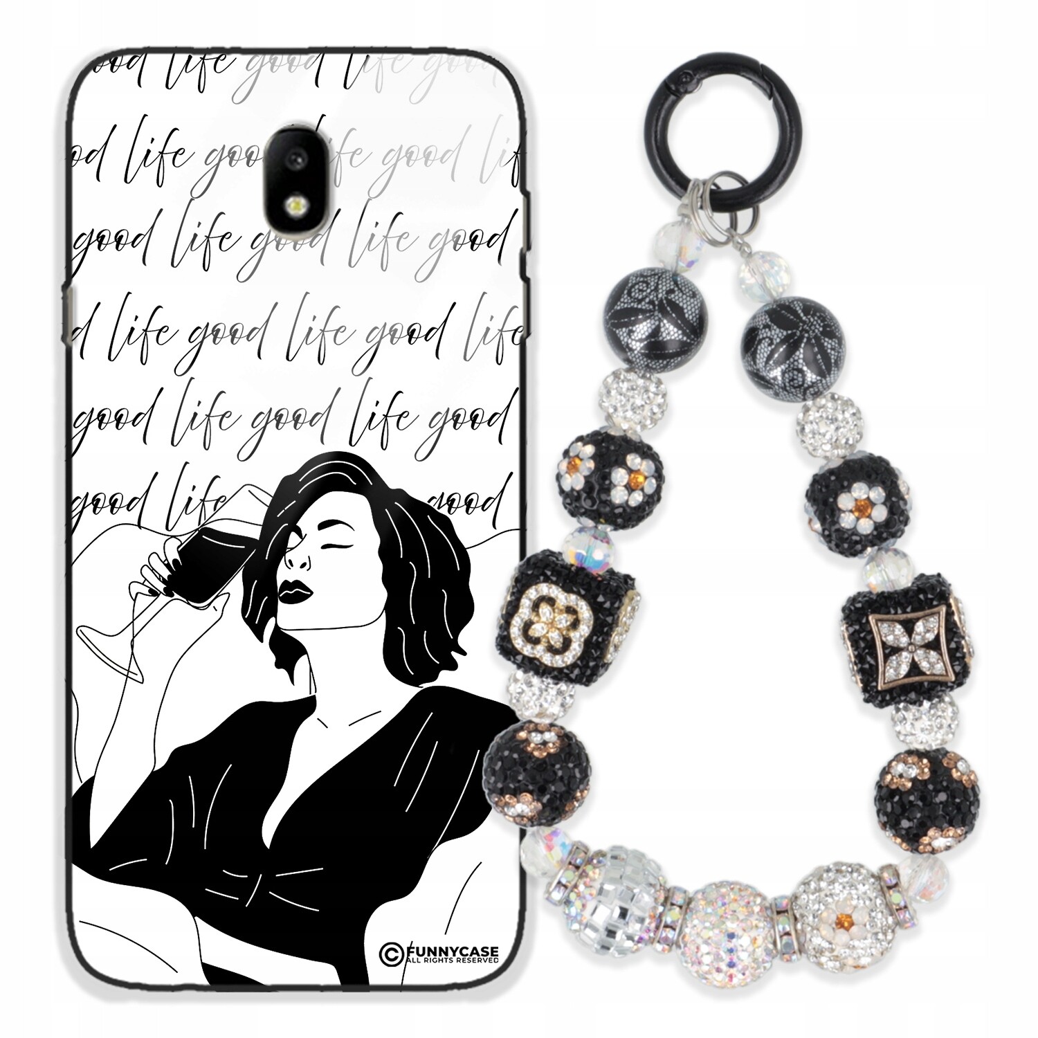 Pouzdro Pro Samsung J7 2017 Skleněné Umění Černobílý Přívěšek Na Klíče S Přívěsek Na Klíče Zirkony Wz