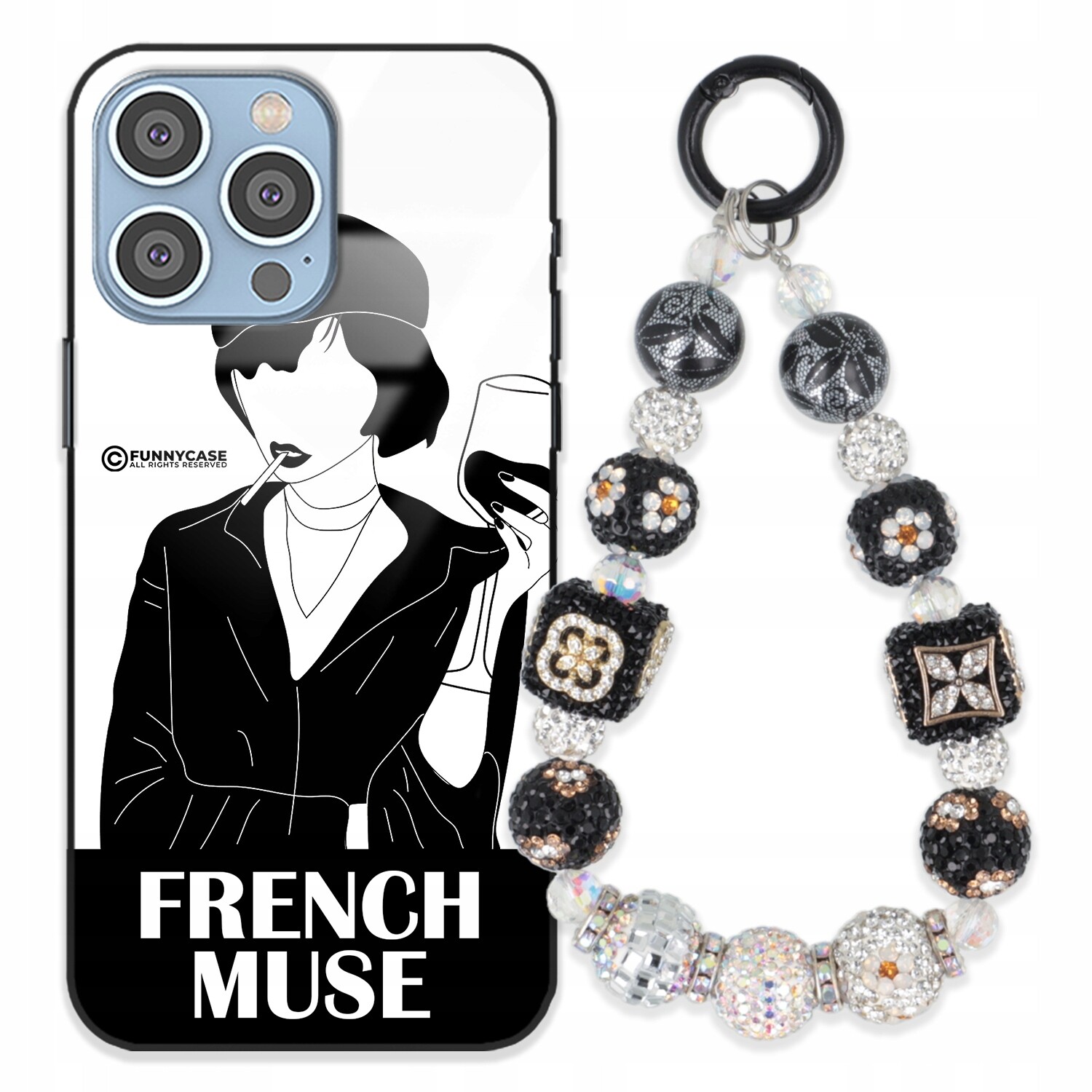 Pouzdro Pro Iphone 15 Pro Max Skleněné Umění Černobílý Přívěšek Na Klíče S Přívěsek Na Klíče Zirkony Wz