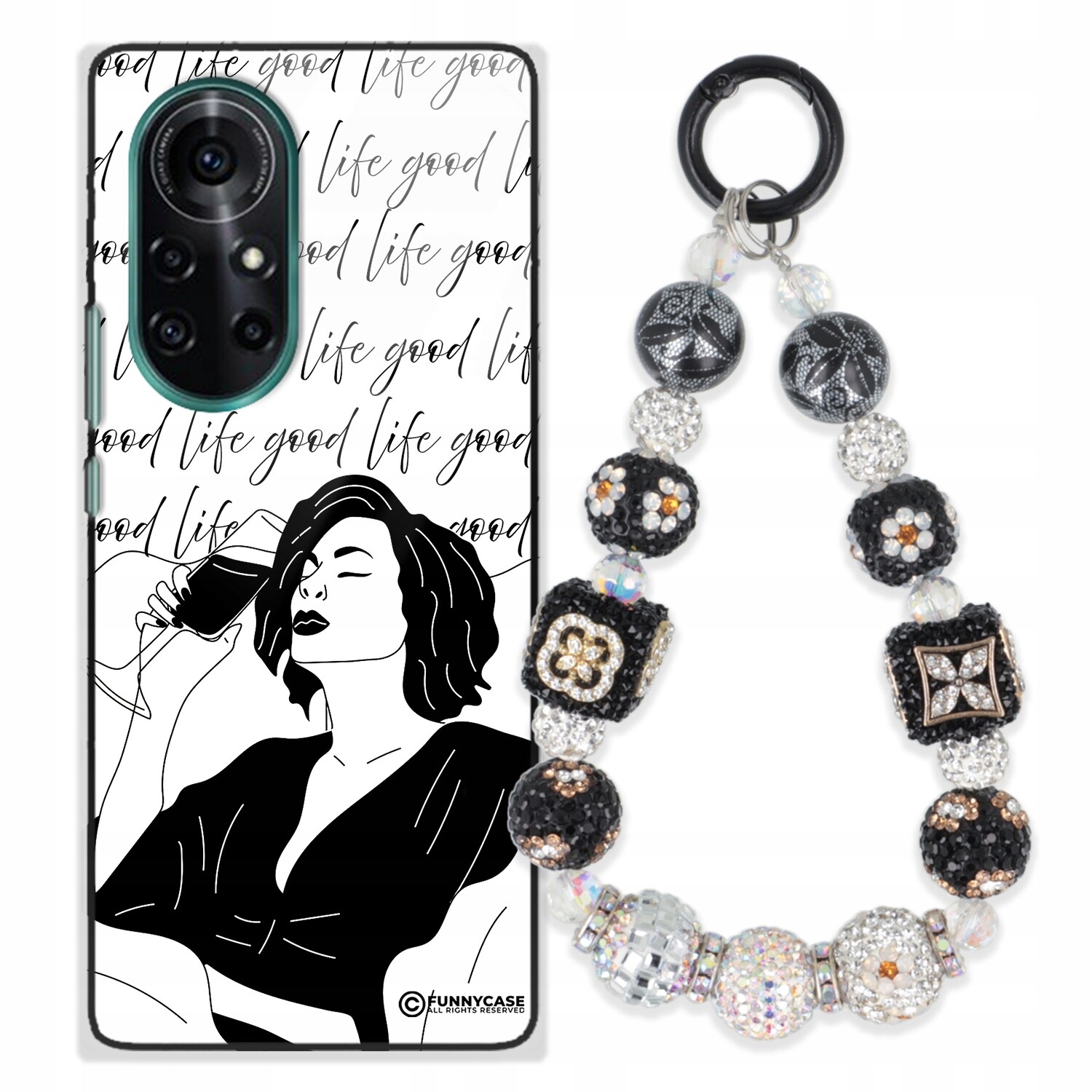 Pouzdro Pro Huawei Nova 8 Skleněné, Černobílé, Stříbrné, Přívěsek Na Klíče Zirkony Wz