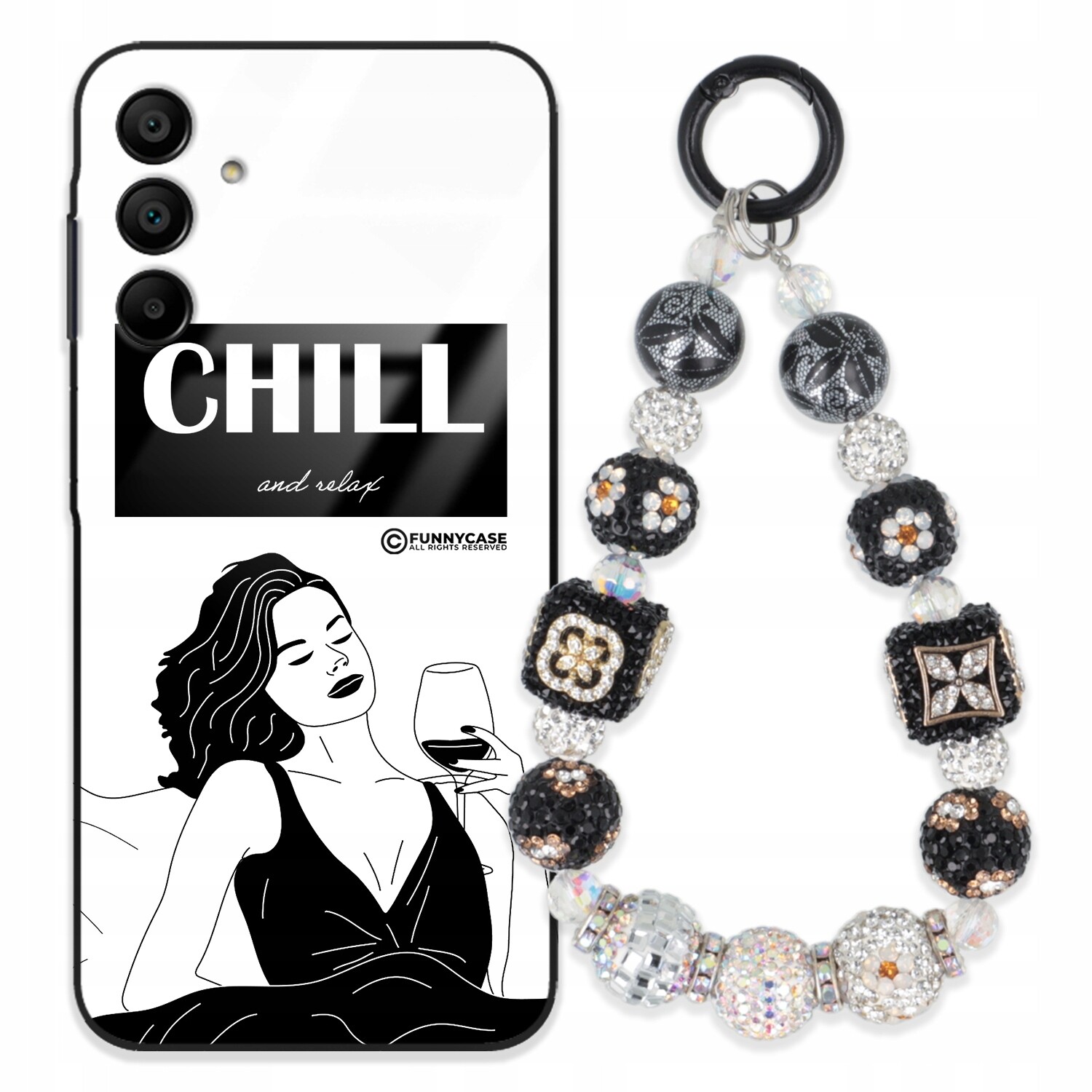 Pouzdro Pro Samsung A15 4G Skleněné, Dámské, Černobílé, Přívěsek Na Klíče Zirkony , Wz