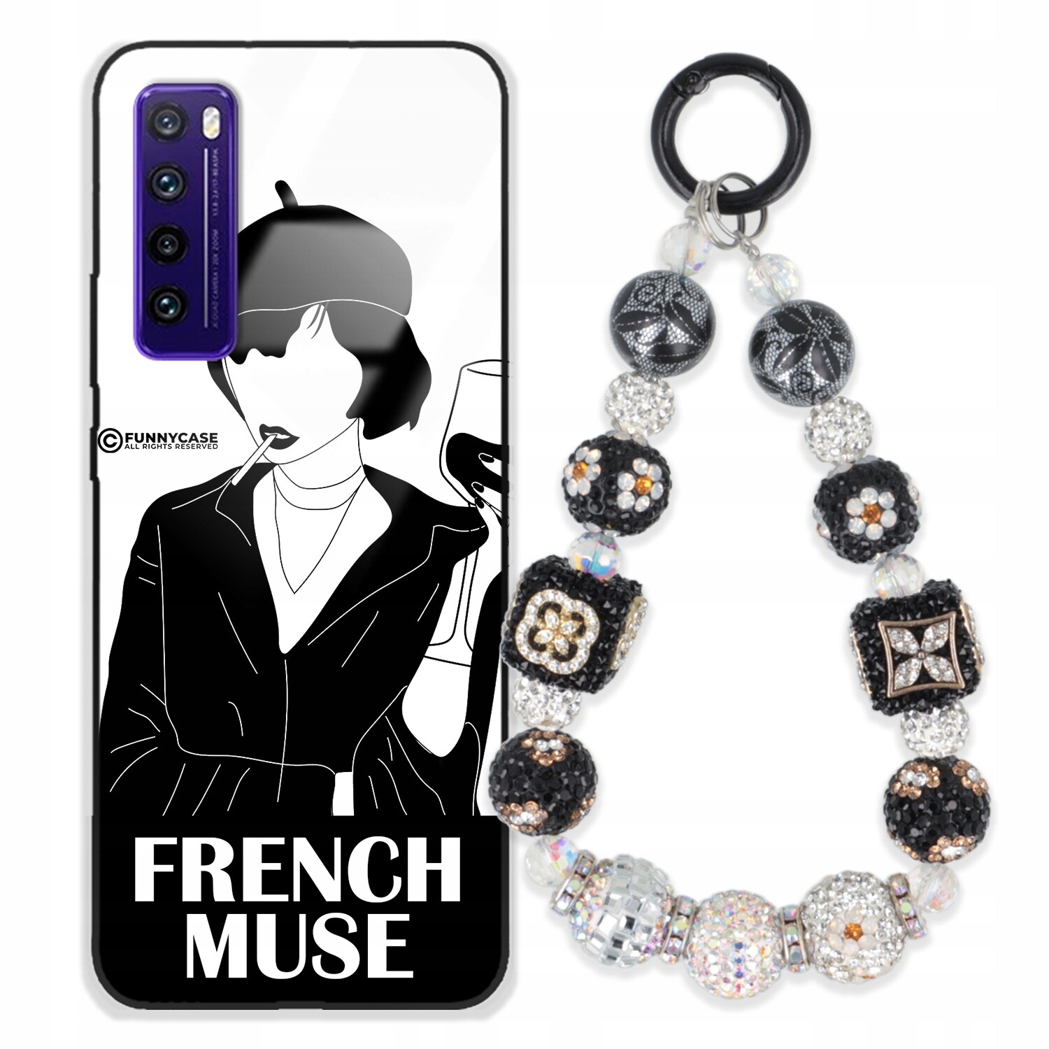 Pouzdro Pro Huawei Nova 7 Skleněné, Černobílé, Stříbrné, Přívěsek Na Klíče Zirkony Wz