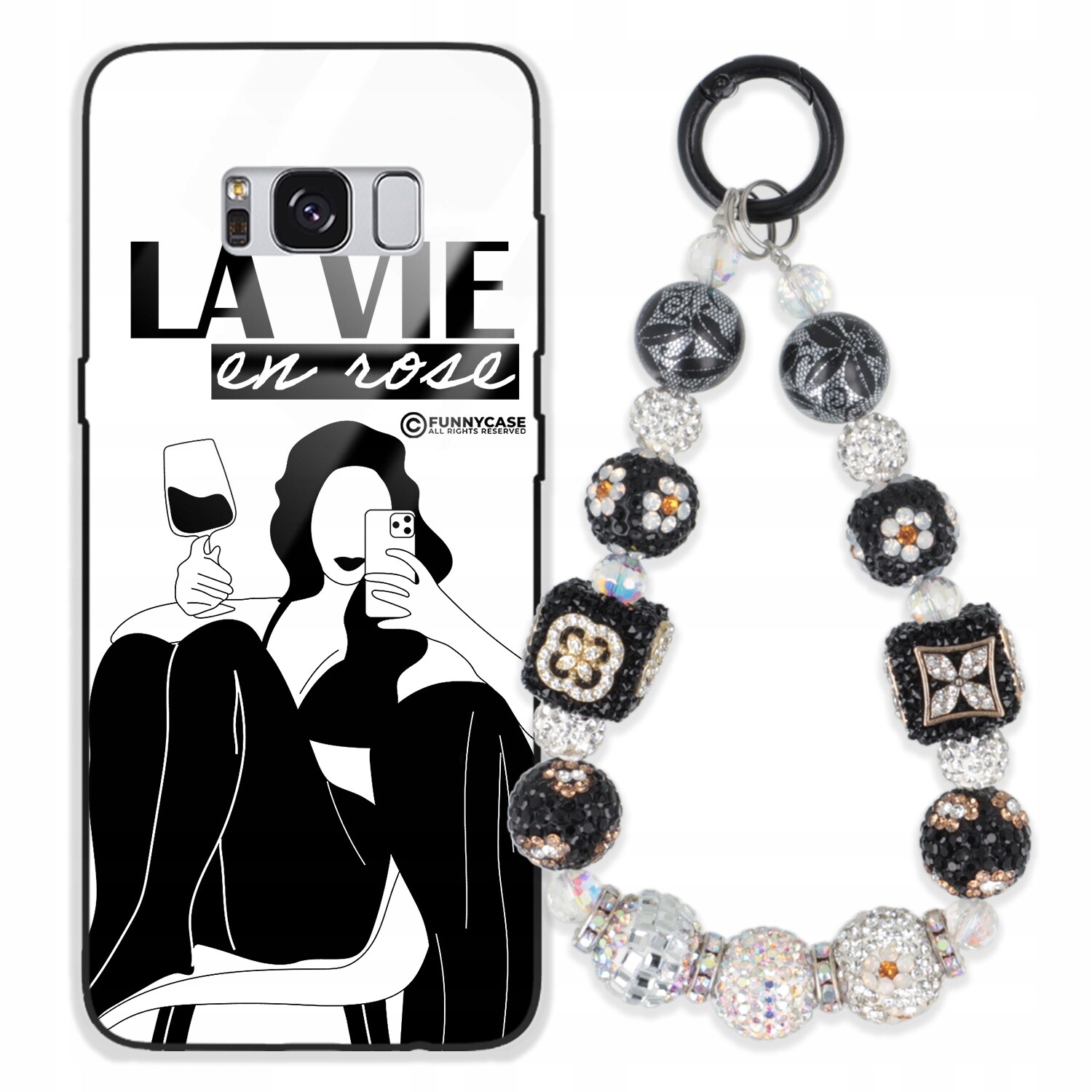 Pouzdro Pro Samsung S8 Skleněné Dámské Černobílé Přívěsek Na Klíče Zirkony Wz