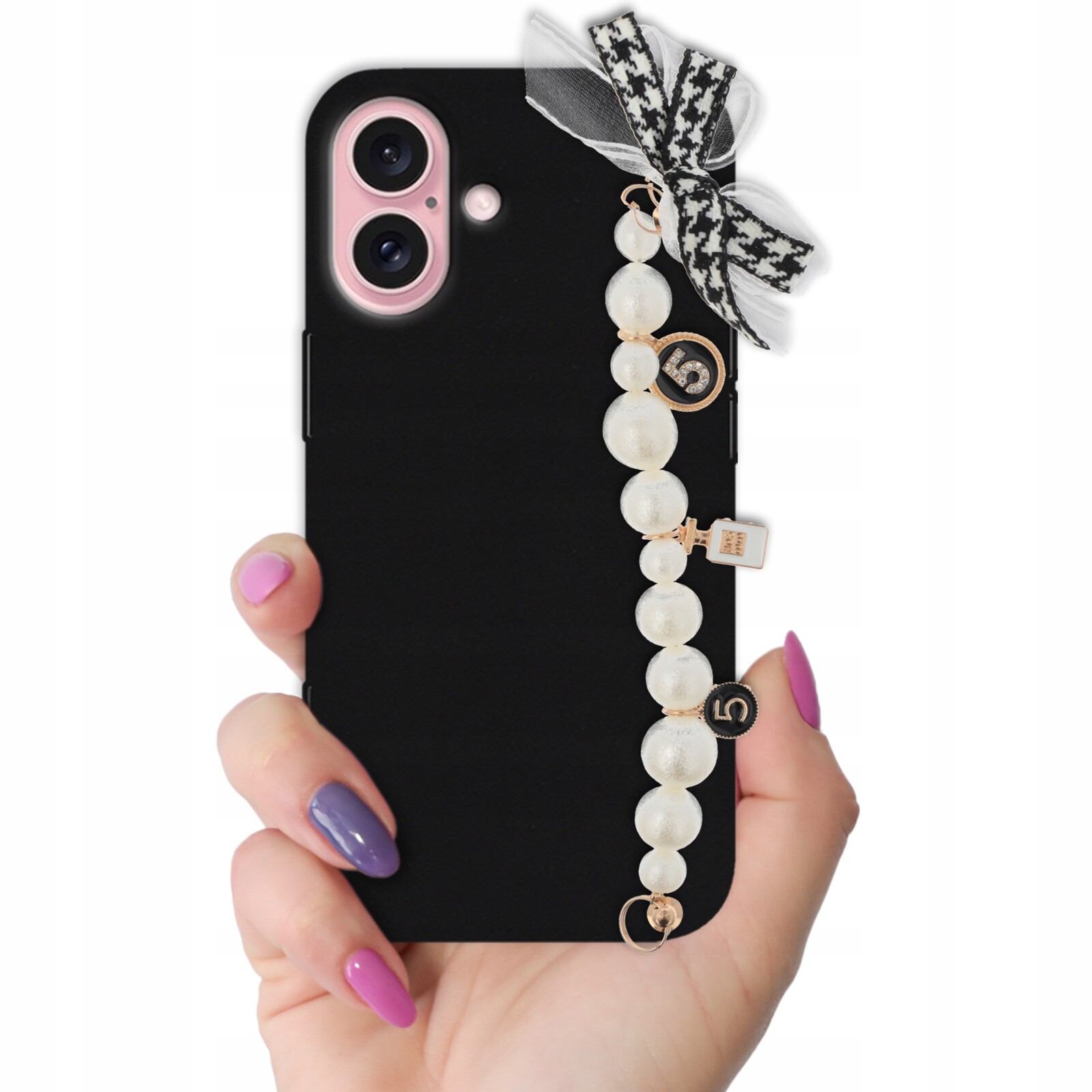 Pouzdro pro Iphone 16 Černé Matné Pouzdro s držákem Perly Mašlička Ochranné