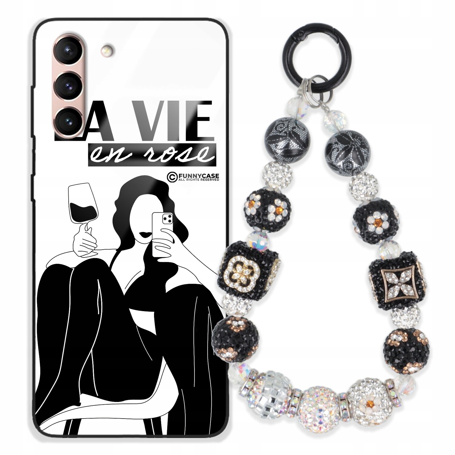 Pouzdro Pro Samsung S21 Skleněné Dámské Černobílé Přívěsek Na Klíče Zirkony Wz