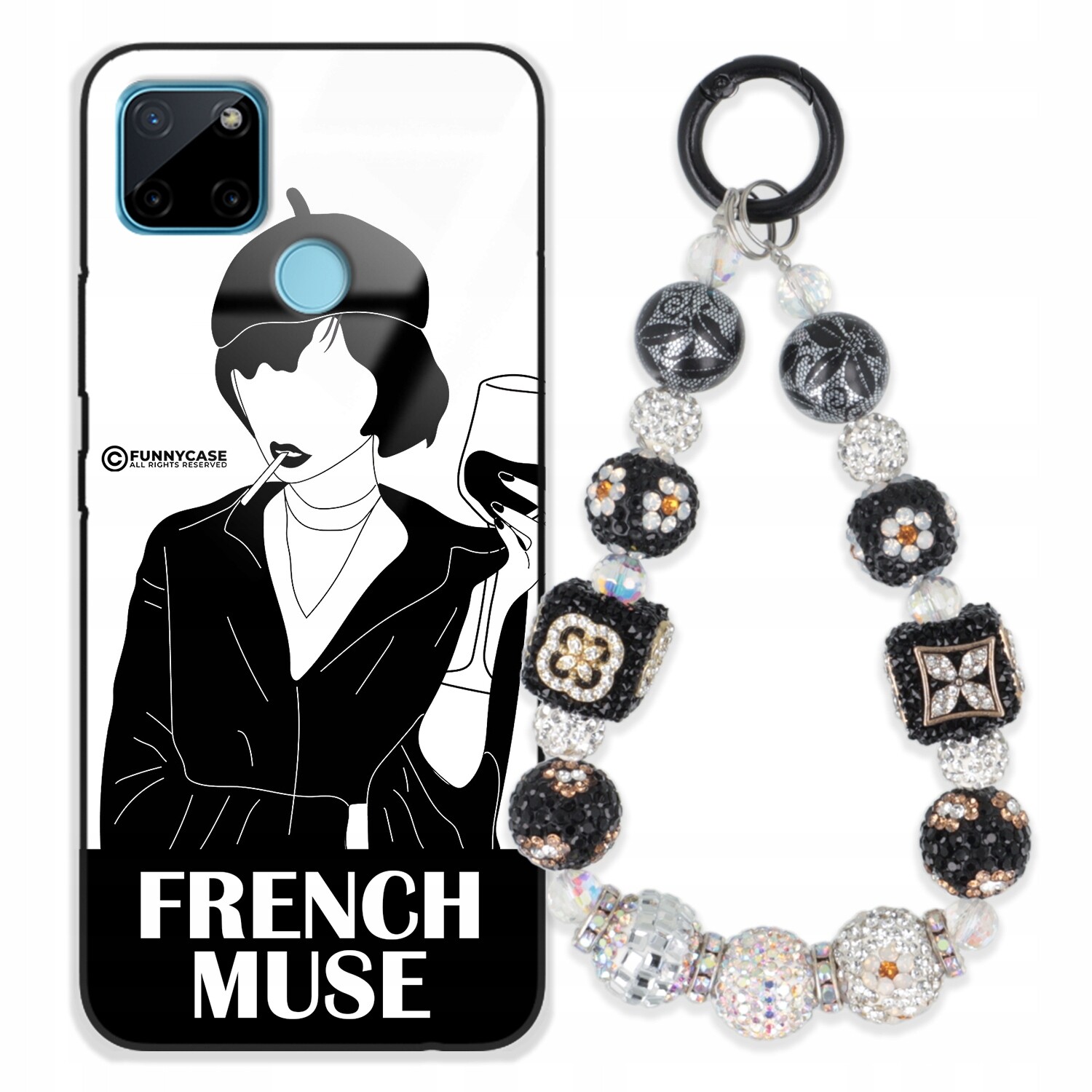 Pouzdro Pro Realme C25Y Skleněné Dámské Černobílé Přívěsek Na Klíče Zirkony Wz