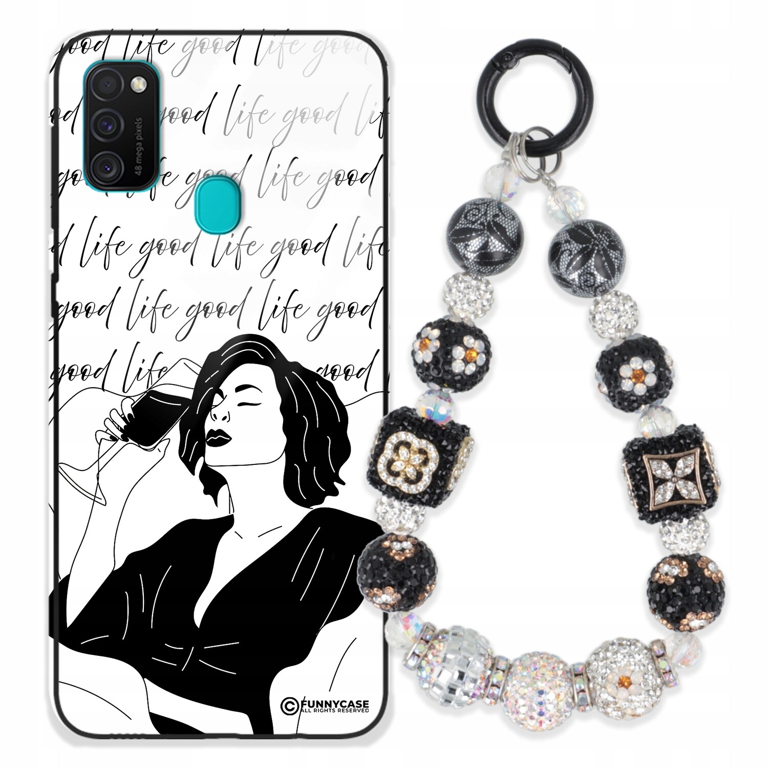 Dámský skleněný Pouzdro pro Samsung M30s, černý a bílý, Přívěsek Na Klíče Zirkony zlatý