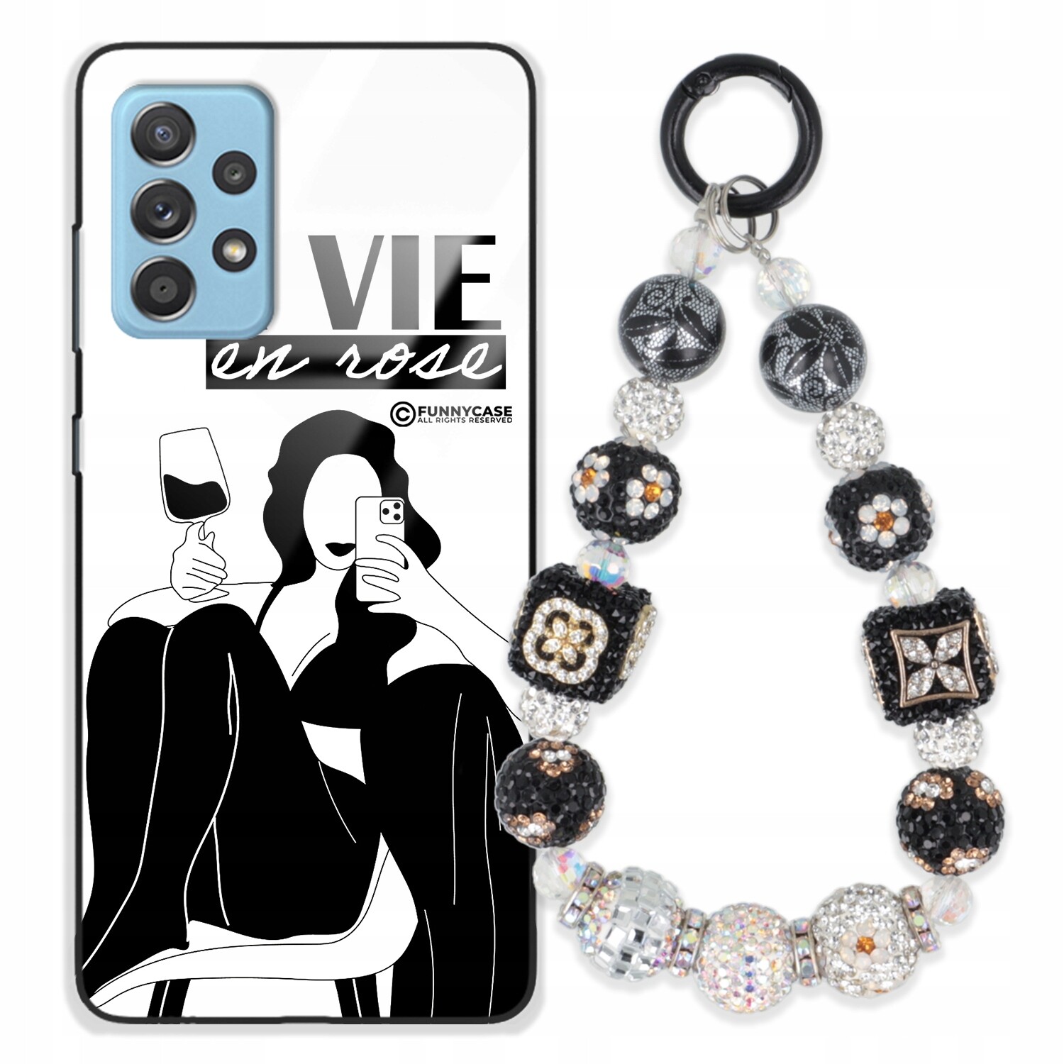 Pouzdro Pro Samsung A33 5G Skleněné Dámské Černobílé Přívěsek Na Klíče Zirkony S Kamenínky Wz