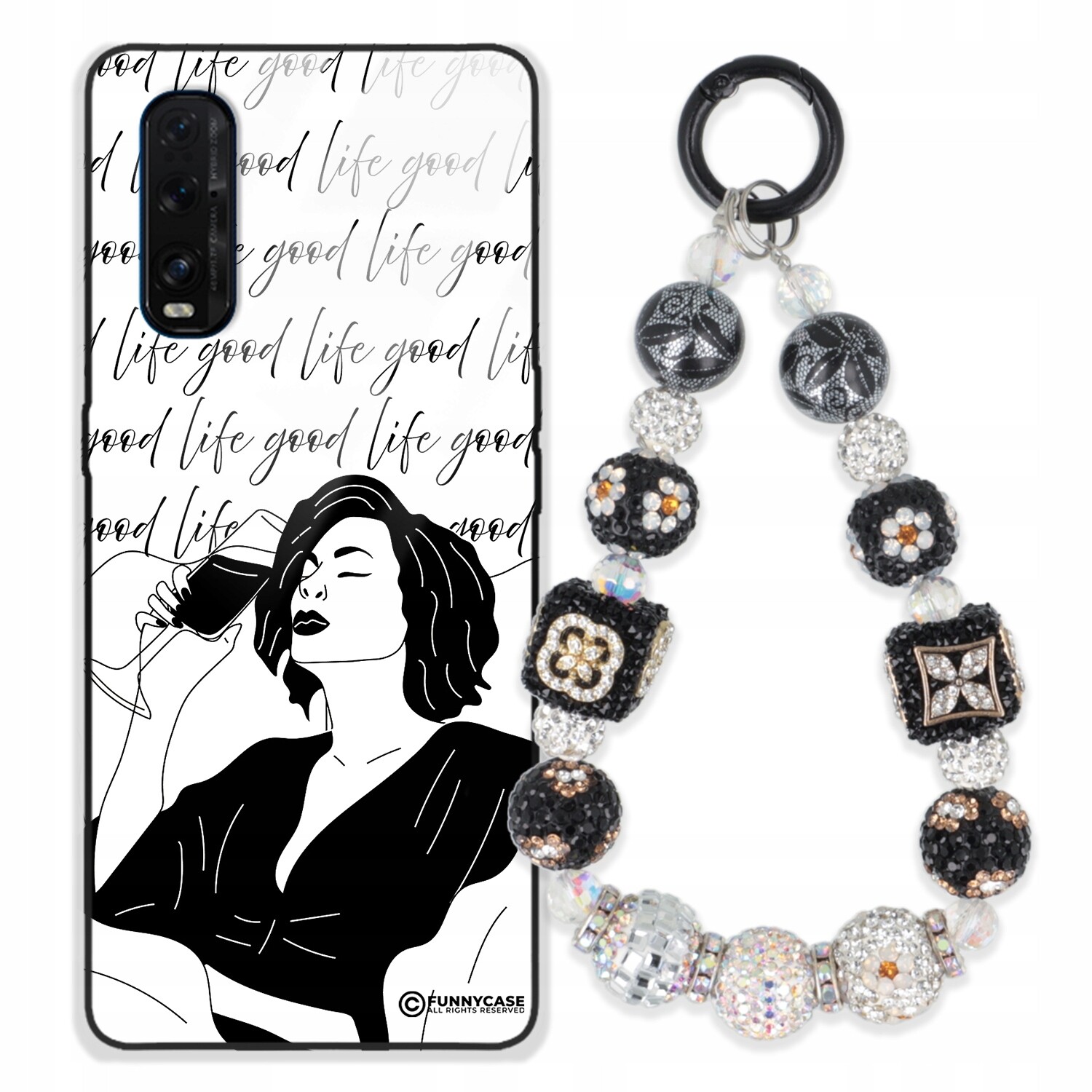 Pouzdro Pro Oppo Find X2 Skleněné, Černobílé, Stříbrné, Zirkony Přívěsek Na Klíče , Wz