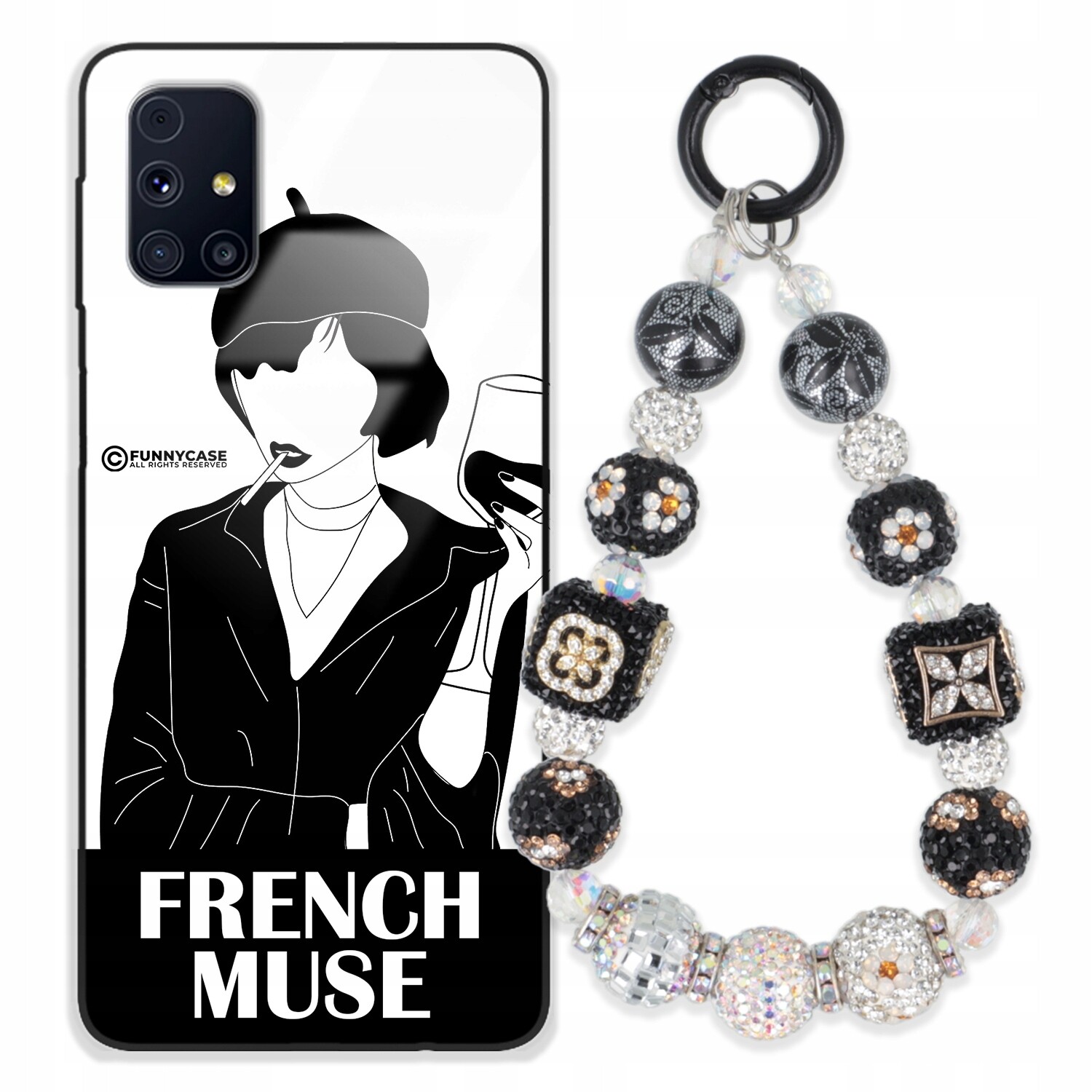 Pouzdro Pro Samsung M31S Skleněné, Zemiakové, Černobílé, Stříbrné, Zirkony Přívěsek Na Klíče , Wz