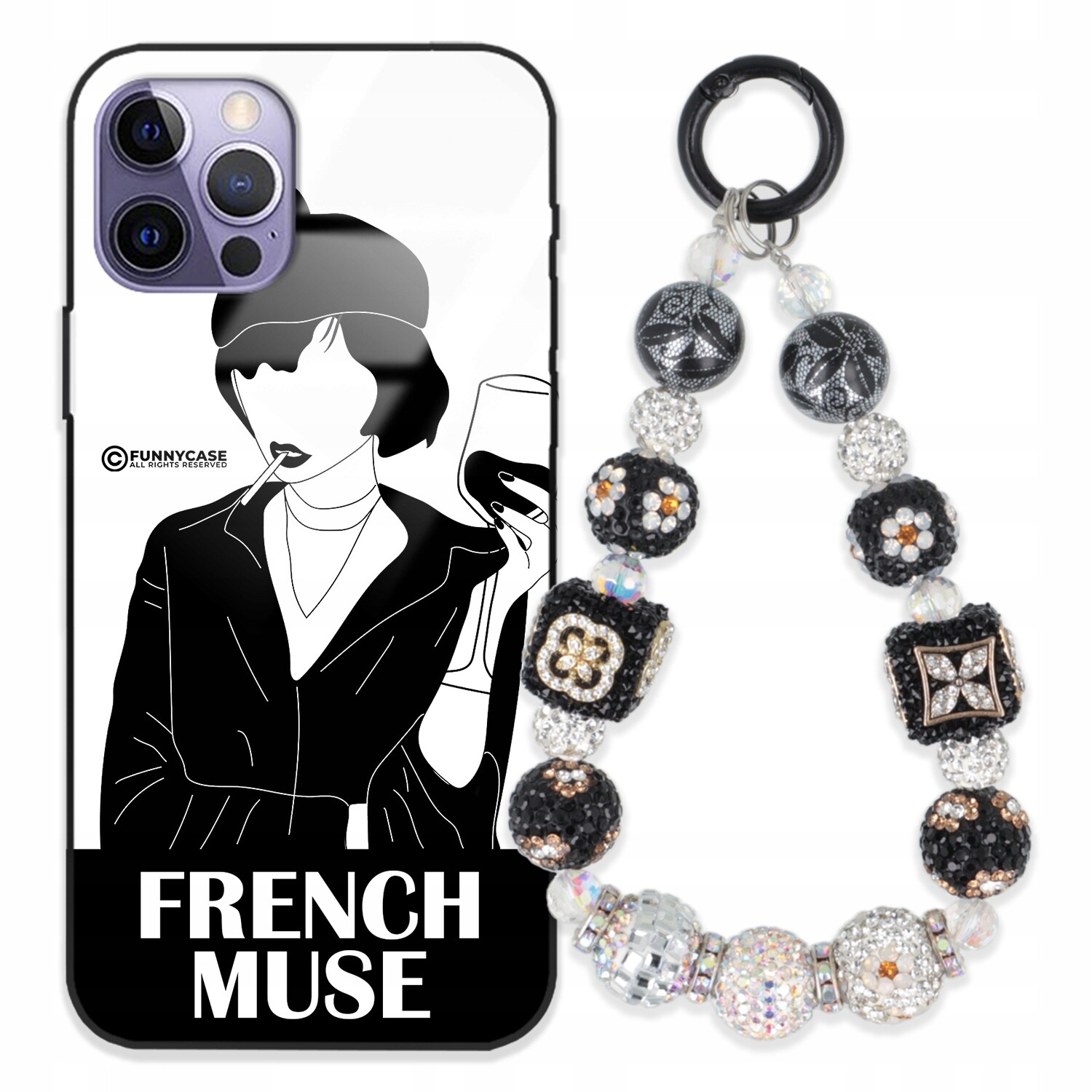 Dámský skleněný Pouzdro na iPhone 14 Pro, černobílý, stříbrný, s Přívěsek Na Klíče Zirkony zlatý