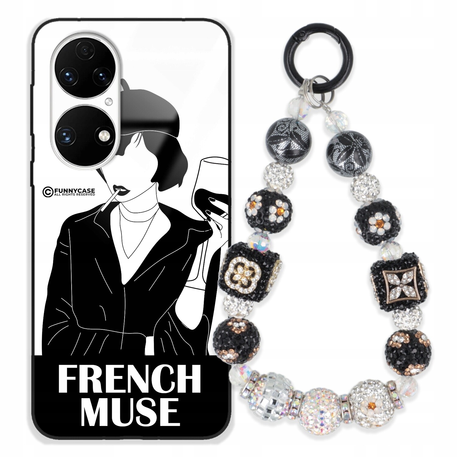 Pouzdro Pro Huawei P50 Skleněné, Černobílé Přívěsek Na Klíče Zirkony Wz