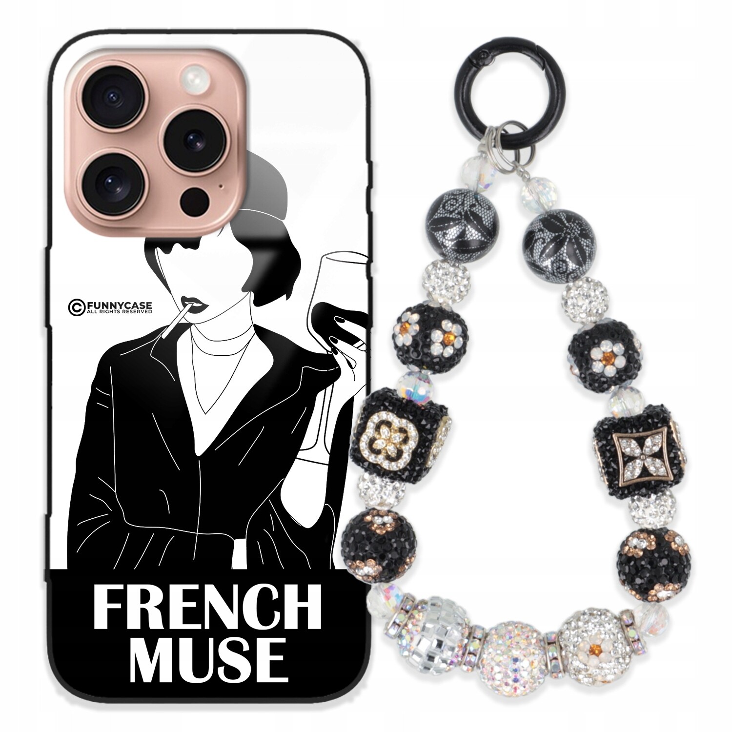 Dámský skleněný kryt na iPhone 16 Pro, černý a bílý, Přívěsek Na Klíče , Zirkony Pouzdro zlatý