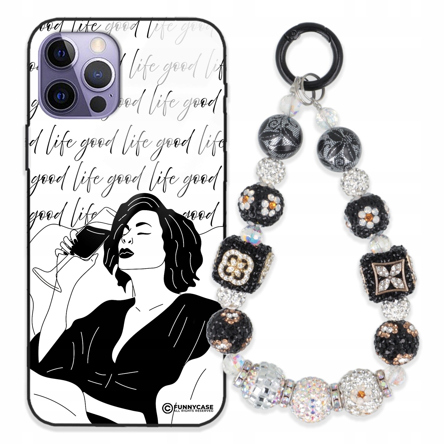 Dámský skleněný Pouzdro na iPhone 15 Pro, černobílý, Přívěsek Na Klíče , Zirkony modrá