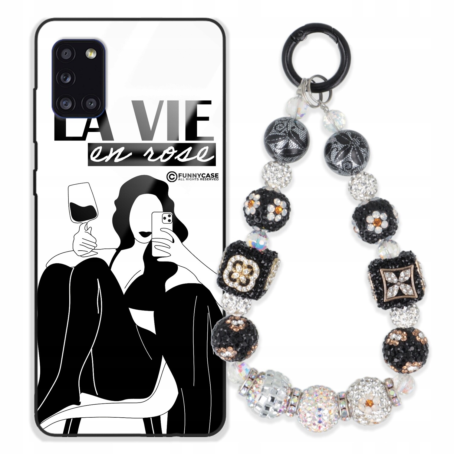Dámský skleněný Pouzdro pro Samsung A31, černobílý Přívěsek Na Klíče Zirkony modrá