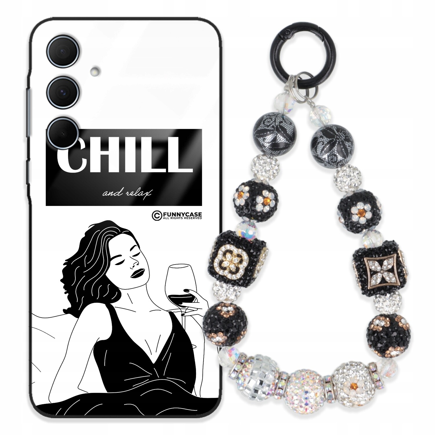 Dámský skleněný Pouzdro pro Samsung A35, černobílý Přívěsek Na Klíče Zirkony modrá