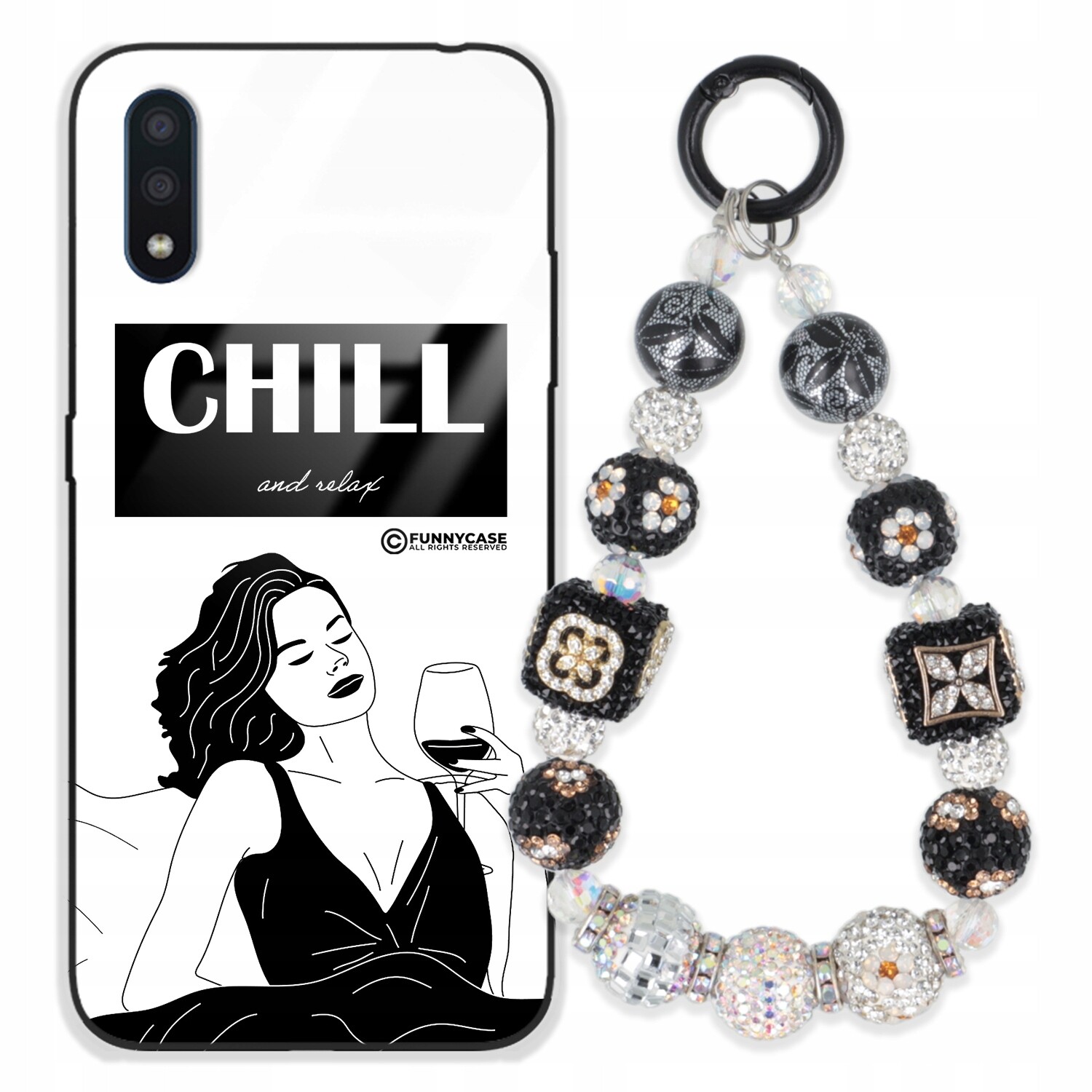 Pouzdro Pro Samsung A01 Skleněné, Černobílé Přívěsek Na Klíče Zirkony Wz