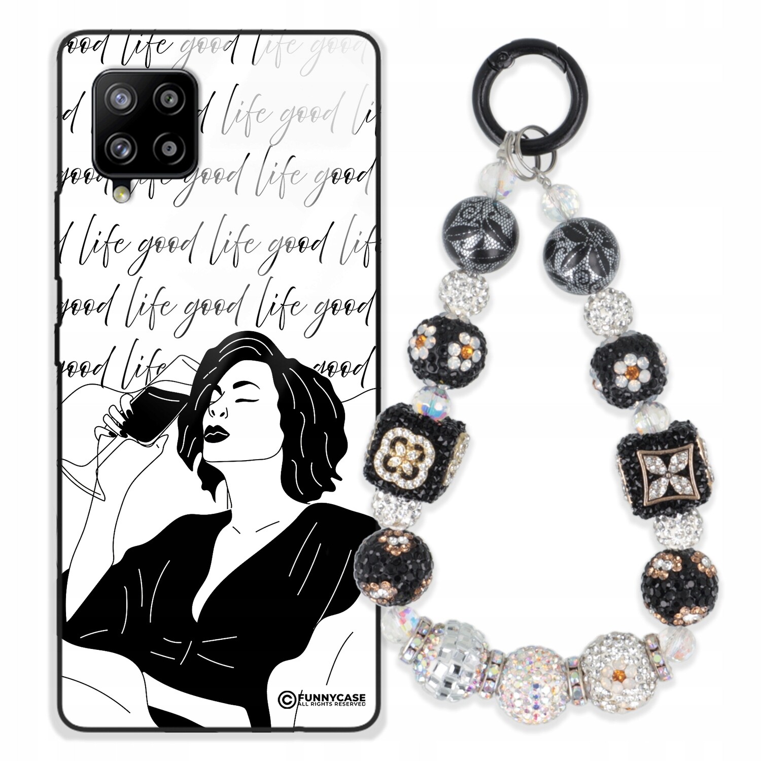 Pouzdro Pro Samsung A42 5G Sklené Dámské Černobílé Přívěsek Na Klíče Zirkony S Kamenínky Wz