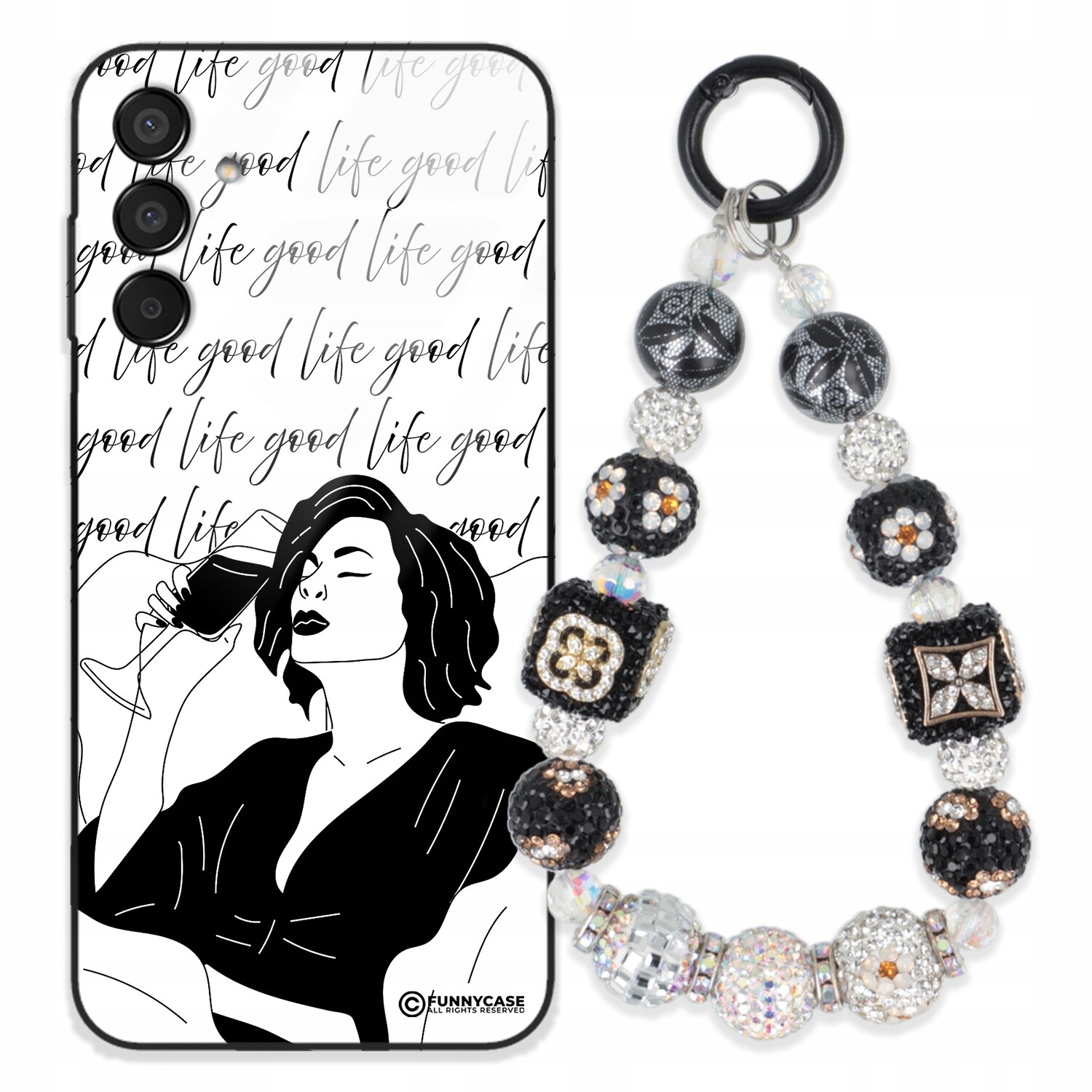 Pouzdro Pro Samsung M15 5G Sklené Dámské Černobílé Přívěsek Na Klíče Zirkony S Kamenínky Wz