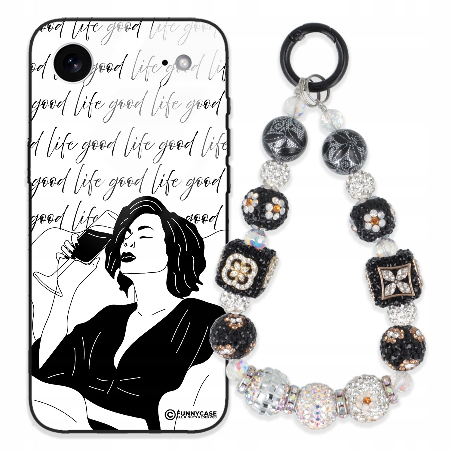 Dámský skleněný kryt na iPhone 17 Air, černý a bílý, Přívěsek Na Klíče přívěsek Zirkony Pouzdro zlatý